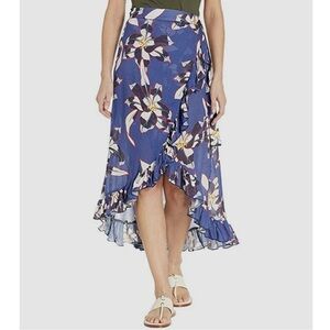 Echo Lily Floral Ruffle Wrap Midi Skirt Blue Tropical Tie Waist Women’s Large